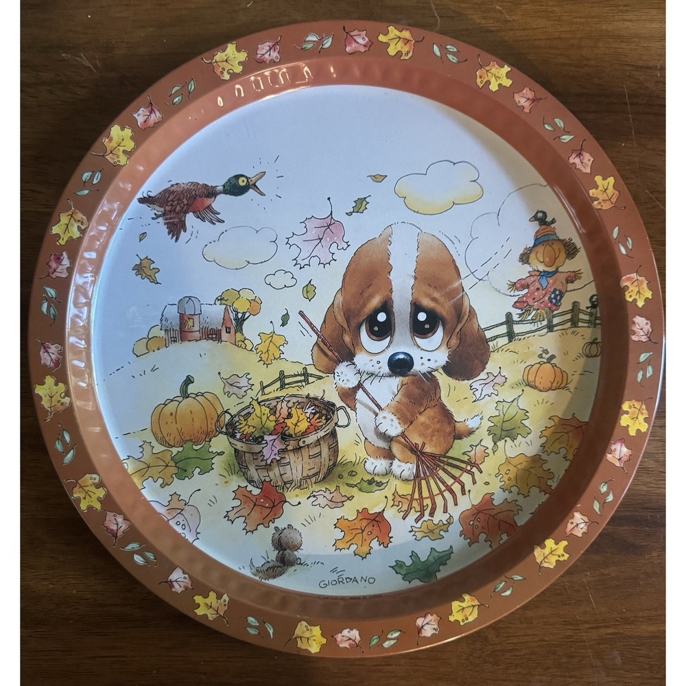 Giordano Art Ltd. 1988 Puppy Dog Autumn Leaves Decorative Round Metal Plate